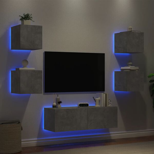 vidaXL 5 Piece TV Wall Cabinets with LED Lights Concrete Grey