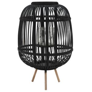 vidaXL Candle Holder | Black | Bamboo and Glass | Medium | Decorative Inlays