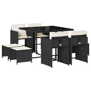 vidaXL 9 Piece Garden Dining Set with Cushions Black Poly Rattan