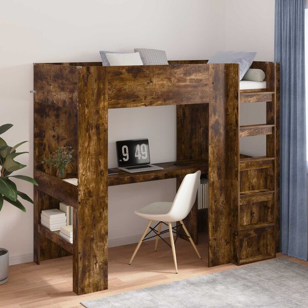 vidaXL Loft Bed Frame with Desk Smoked Oak 90 x 200 cm Engineered Wood