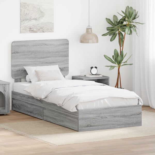 vidaXL Storage Bed with Drawer Grey Sonoma 90 x 200 cm Engineered Wood