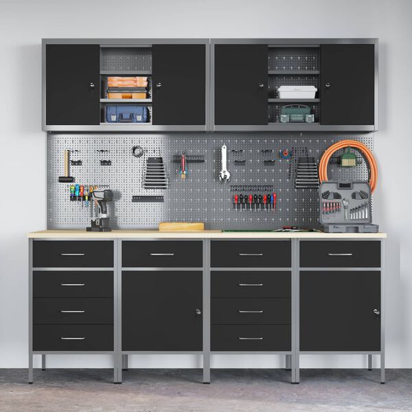 vidaXL Work Cabinet with Drawer 10 pcs Black Engineered Wood and Steel