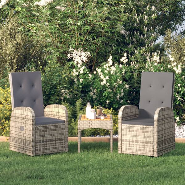 vidaXL Reclining Garden Chairs with Cushions 2 pcs Grey Poly Rattan