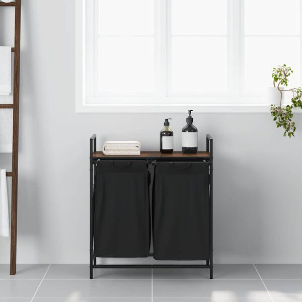 vidaXL Laundry Basket 2 Compartments with Shelf Brown Oak