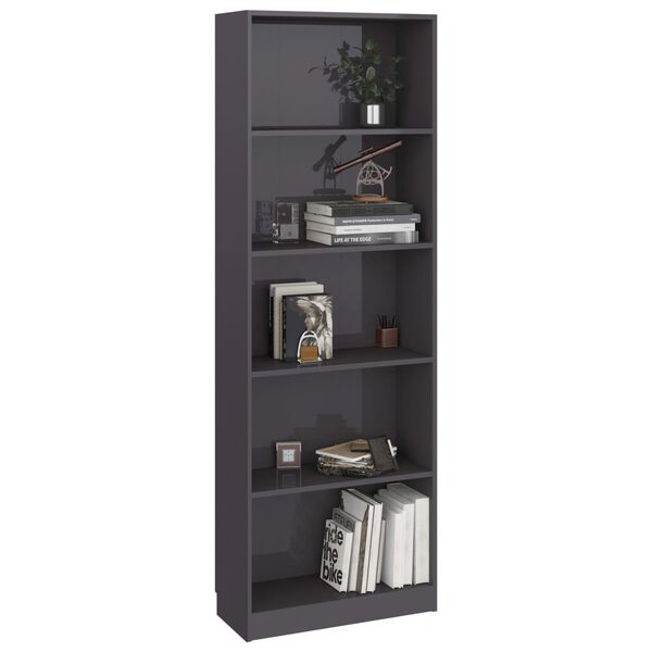 vidaXL 5-Tier Book Cabinet High Gloss Grey 60x24x175 cm Engineered Wood