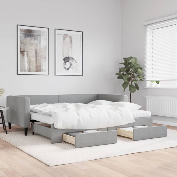 vidaXL Daybed with Trundle and Drawers Light Grey 90x190 cm Fabric