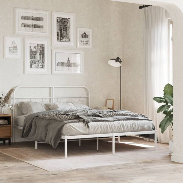 vidaXL Metal Bed Frame without Mattress with Headboard White 135x190cm