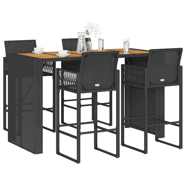 vidaXL 5 Piece Garden Bar Set without Cushions Black Poly Rattan Acacia