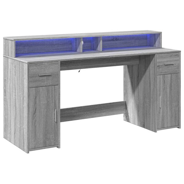 vidaXL Desk with LED Lights Grey Sonoma 160x55x91 cm Engineered Wood