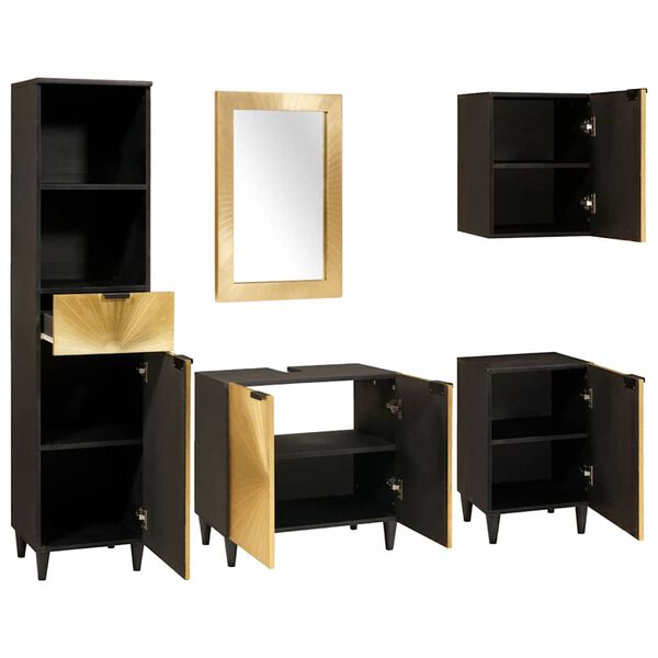 vidaXL Bathroom Cabinet Set 5 pcs Black and Gold Solid Mango Wood
