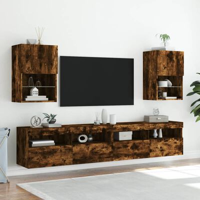 vidaXL TV Cabinets with LED Lights 2 pcs Smoked Oak 40.5x30x60 cm