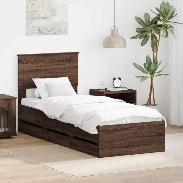 vidaXL Bed Frame with Drawer Brown Oak 75 x 190 cm Engineer Wood