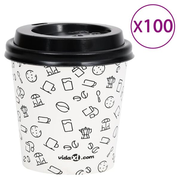 vidaXL Coffee Paper Cups with Lids 120 ml 100 pcs White and Black