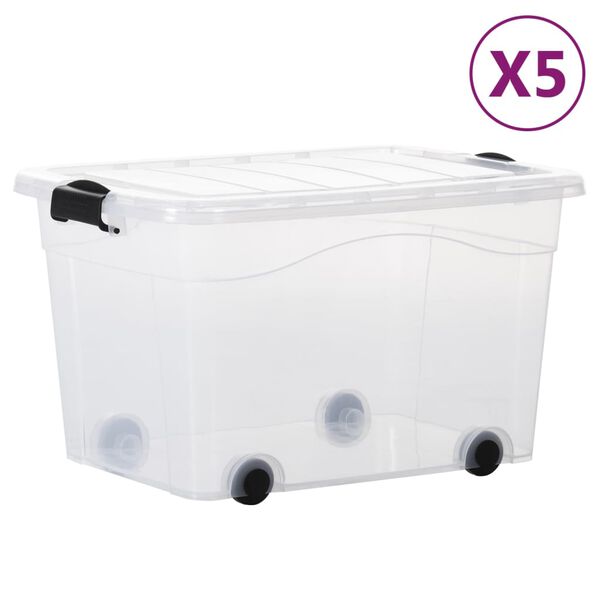 vidaXL Storage Boxes with Wheels & Lids 5 pcs Transparent 60 L
