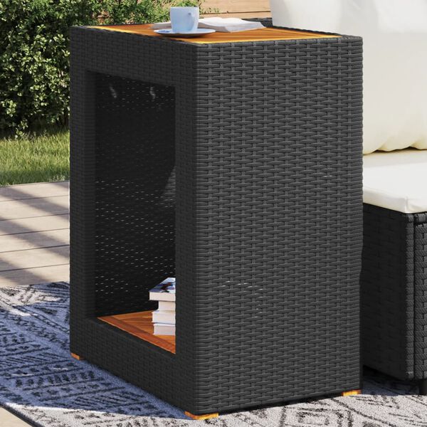 vidaXL Garden Side Table with Wooden Top Black 60x40x75 cm Poly Rattan