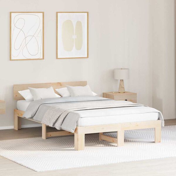 vidaXL Bed Frame with Headboard Natural 140 x 190 cm Solid Pine Wood