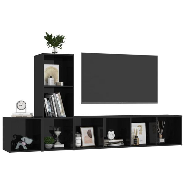 vidaXL 3 Piece TV Cabinet Set High Gloss Black Engineered Wood