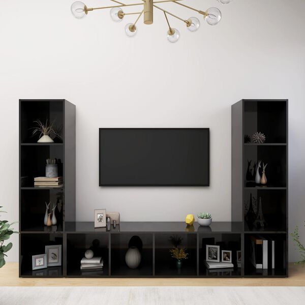 vidaXL TV Cabinets 3 pcs High Gloss Black 142.5x35x36.5 cm Engineered Wood