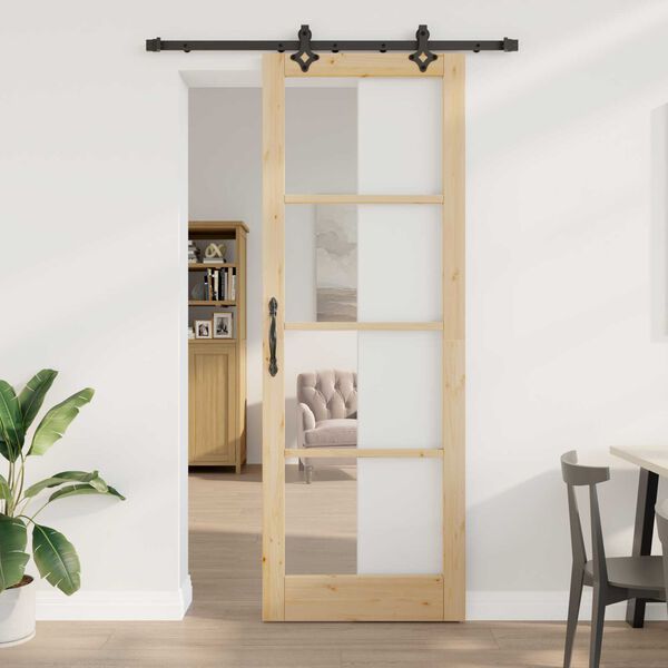 vidaXL Sliding Door Natural 83 x 232 cm Solid Pine Wood and Glass