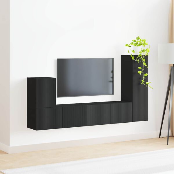 vidaXL TV Cabinet Set Wall-mounted 3 pcs Black Engineered Wood