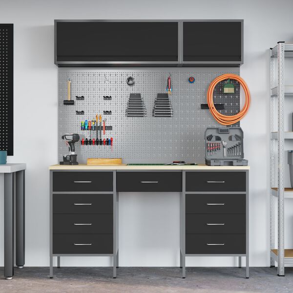 vidaXL Work Cabinet with Drawer 8 pcs Black 150 x 55 x 200 cm