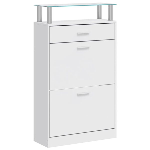 vidaXL Shoe Cabinet with a Drawer and a Top Glass Shelf Wood White