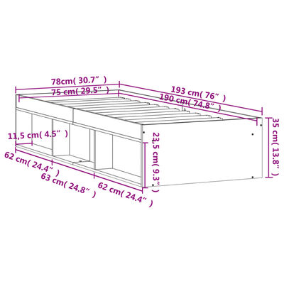 vidaXL Bed Frame Concrete Grey 75x190 cm Small Single