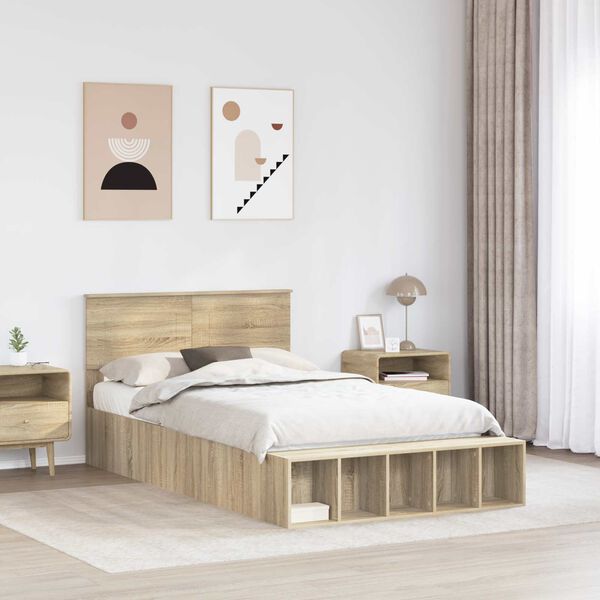 vidaXL Bed Frame with Shelf Sonoma Oak 135 x 190 cm Engineered Wood