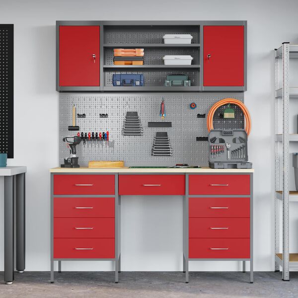 vidaXL Work Cabinet with Drawer 8 pcs Red Engineered Wood and Steel