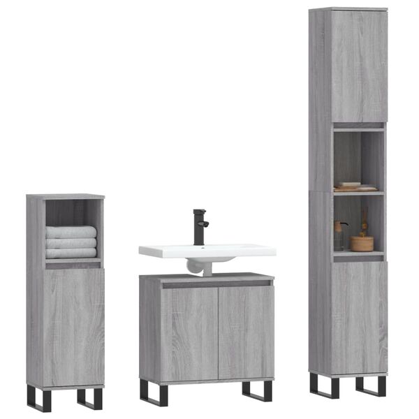 vidaXL 3 Piece Bathroom Cabinet Set Grey Sonoma Engineered Wood