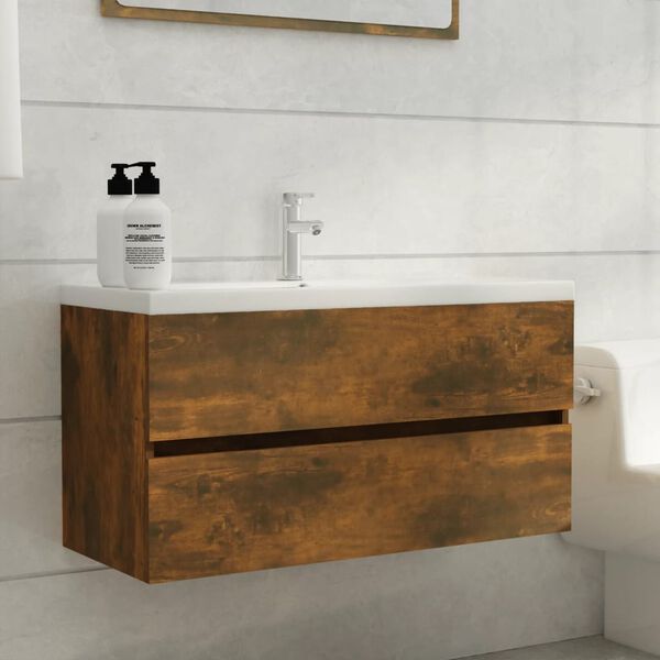 vidaXL Sink Cabinet Smoked Oak 90x38.5x45 cm Engineered Wood