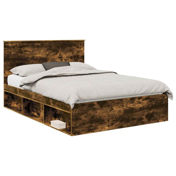 vidaXL Bed Frame Smoked Oak 135 x 190 cm Solid Pine Wood