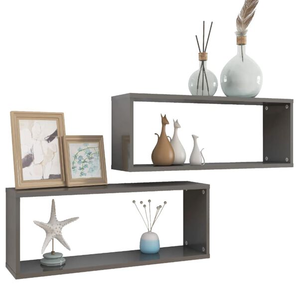 vidaXL Wall Cube Shelf 2 pcs High Gloss Grey 60x15x23 cm Engineered Wood