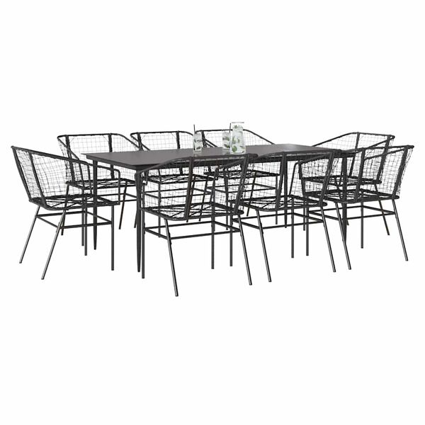 vidaXL 9 Piece Garden Dining Set Black Poly Rattan Glass