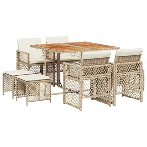 vidaXL 9 Piece Garden Dining Set with Cushions Beige Poly Rattan