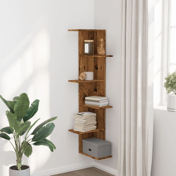 vidaXL Wall Corner Shelf Old Wood 36.5x36.5x140 cm Engineered Wood