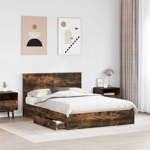 vidaXL Storage Bed with Drawer Smoked Oak 160 x 200 cm Engineered Wood