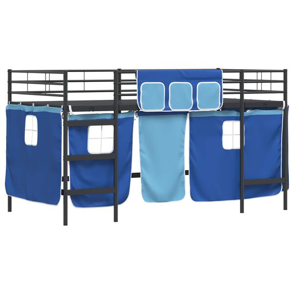 vidaXL Kids'Loft Bed Frame with Curtains Black and Blue 90 x 200 cm