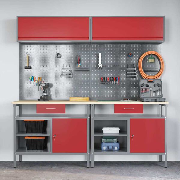 vidaXL Work Bench Set with Drawer 8 pcs Red 200 x 55 x 200 cm Steel