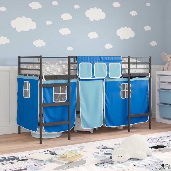 vidaXL Kids'Loft Bed Frame with Curtains Black and Blue 74.5 x 190 cm