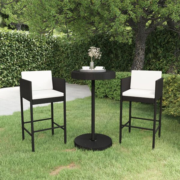 vidaXL 3 Piece Garden Bar Set with Cushions Poly Rattan Black