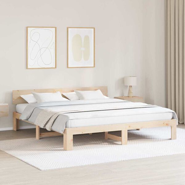vidaXL Bed Frame with Headboard Natural 200 x 200 cm Solid Pine Wood