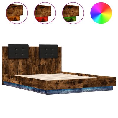 vidaXL Bed Frame with Headboard and LED Lights Smoked Oak 120x190 cm Small Double