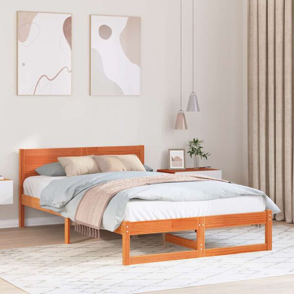 vidaXL Bed Frame with Headboard Wax Brown 135 x 190 cm Solid Pine Wood