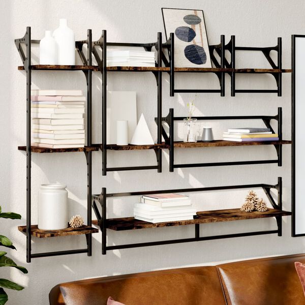 vidaXL 6 Piece Wall Shelf Set with Bars Smoked Oak Engineered Wood
