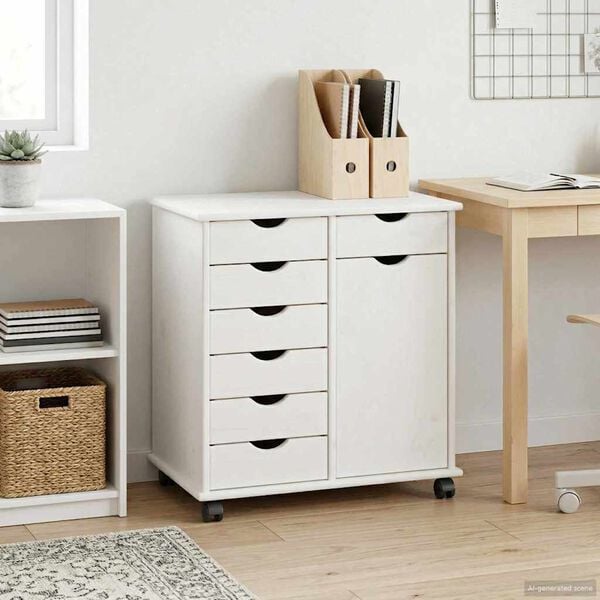 vidaXL Rolling Cabinet White 63.5 x 39 x 65.5 cm Solid Pine Wood