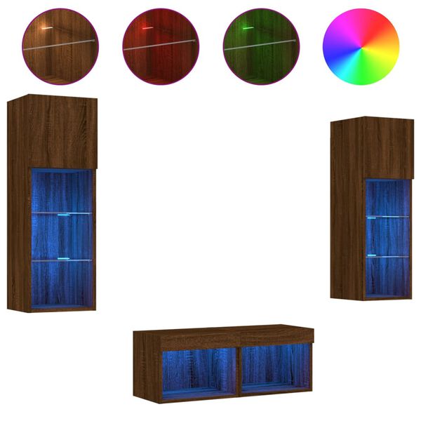 vidaXL 4 Piece TV Wall Cabinets with LED Lights Brown Oak