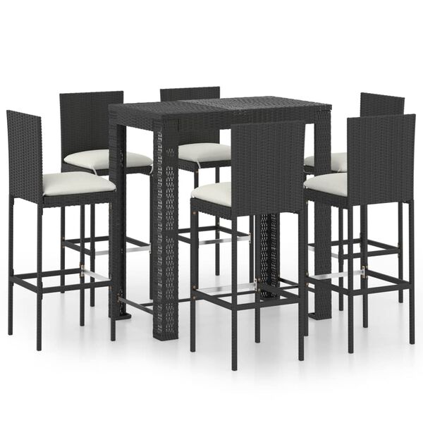 vidaXL 7 Piece Garden Bar Set with Cushions Poly Rattan Black