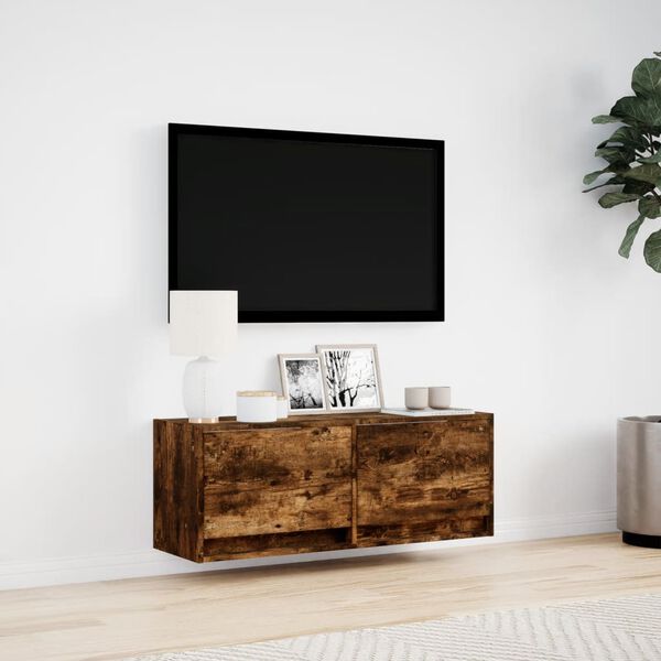 vidaXL TV Wall Cabinet with LED Lights Smoked Oak 100x31x35 cm