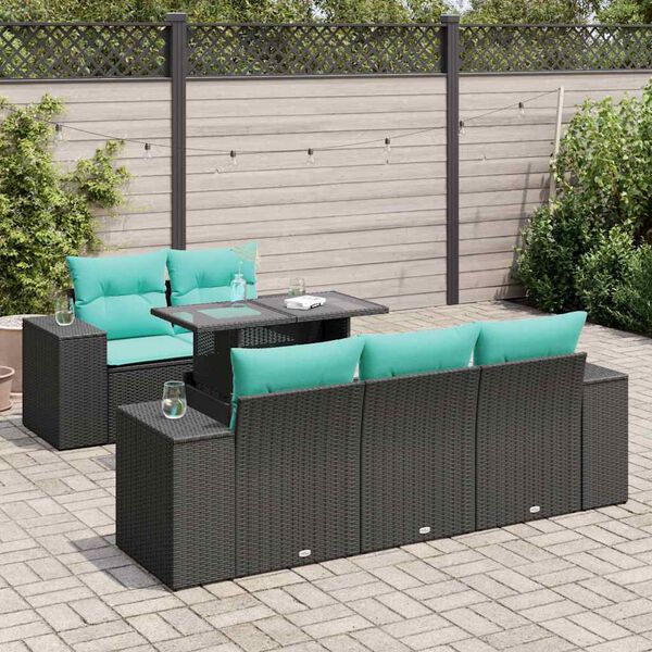 vidaXL 6 Piece Garden Sofa Set with Cushions Black Poly Rattan Acacia